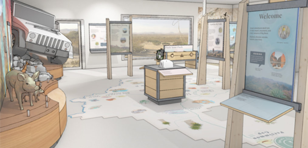Sketch of exhibits, with a vignette with tactile javelinas and a jeep and graphic panels. There is a map on the floor.
