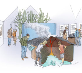 Sketch showing visitors peering at a volcano cross section